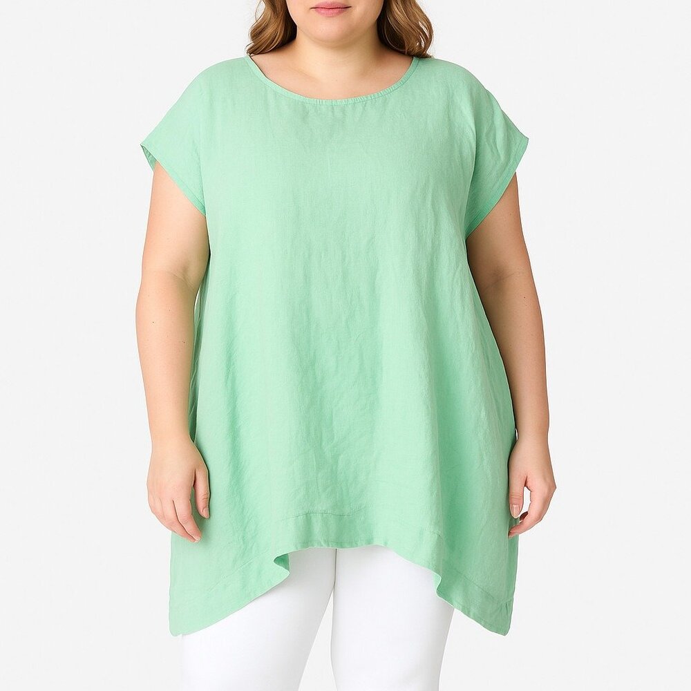 Bryn Walker Women Linen Tunic Top Green Cap Sleeve Oversized Lagenlook Blouse XL